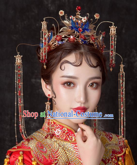 Chinese Ancient Palace Bride Hair Accessories Blueing Cranes Phoenix Coronet Hairpins Headwear for Women