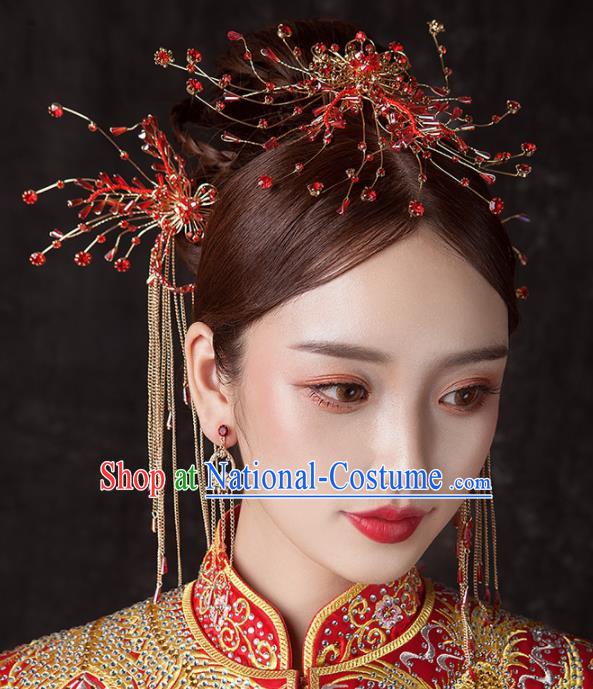 Chinese Ancient Palace Bride Hair Accessories Red Beads Hair Comb Hairpins Headwear for Women