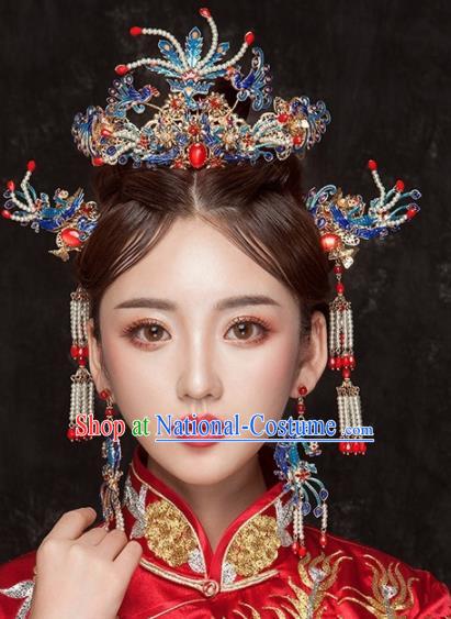 Chinese Ancient Palace Bride Hair Accessories Phoenix Coronet Pearls Hairpins Headwear for Women