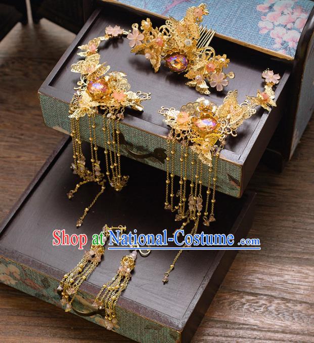 Chinese Ancient Palace Bride Hair Accessories Hanfu Golden Hair Comb Hairpins Headwear for Women