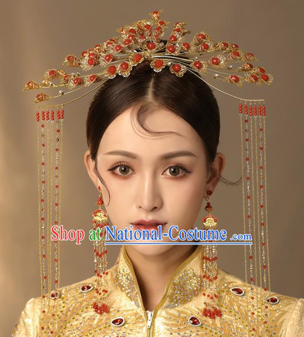 Chinese Ancient Palace Hair Accessories Bride Hanfu Red Beads Phoenix Coronet Tassel Hairpins Headwear for Women