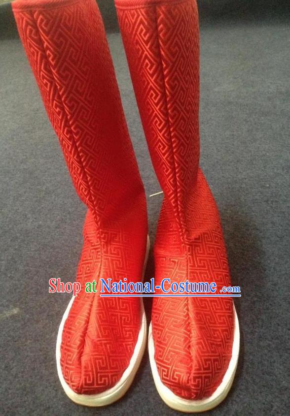 Chinese Traditional Shoes Ancient Emperor Beijing Opera Red Boots Hanfu Satin Boots for Men