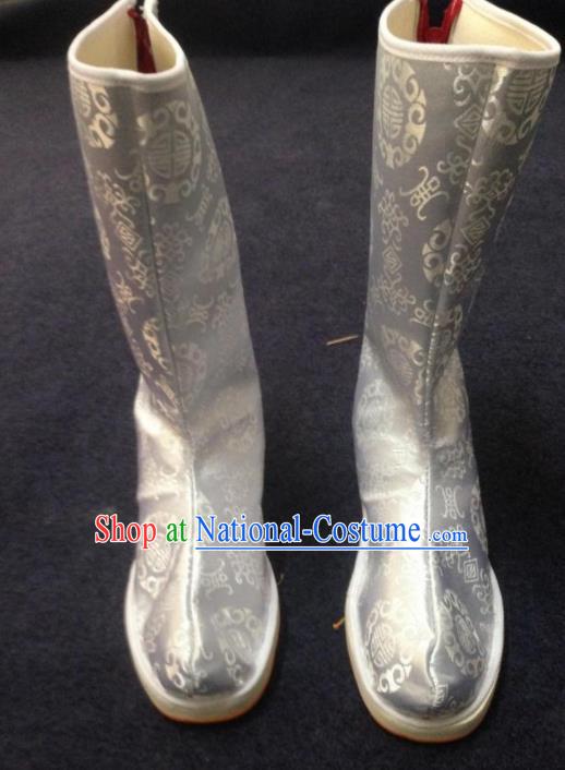 Chinese Traditional Shoes Ancient Emperor Beijing Opera Grey Boots Hanfu Satin Boots for Men