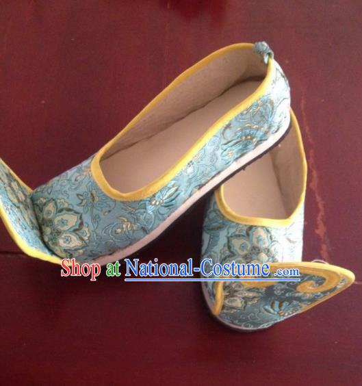 Traditional Chinese Wedding Shoes Ancient Princess Shoes Blue Embroidered Shoes for Women