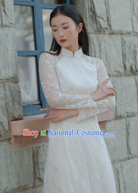 Chinese Traditional Costumes National Qipao Dress White Cheongsam for Women