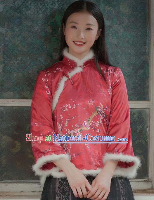 Chinese Traditional Costumes National Tang Suit Qipao Blouse Red Cotton Padded Jacket for Women