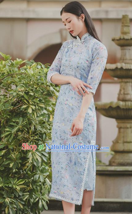 Chinese Traditional Costumes National Qipao Dress Blue Cheongsam for Women