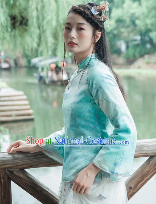 Chinese Traditional Costumes National Tang Suit Blouse Green Silk Qipao Shirt for Women