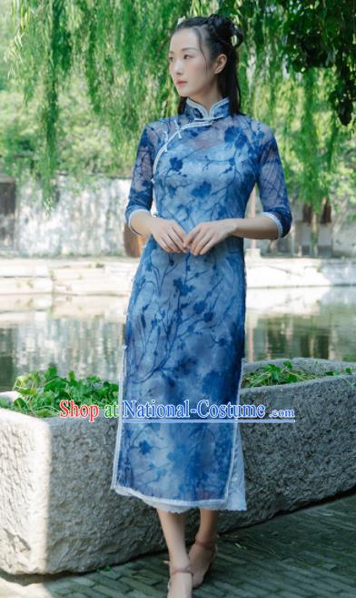 Chinese Traditional Costumes National Deep Blue Qipao Dress Classical Cheongsam for Women