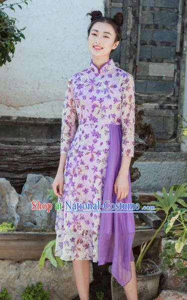 Chinese Traditional Tang Suit Costumes National Printing Purple Qipao Dress Classical Cheongsam for Women