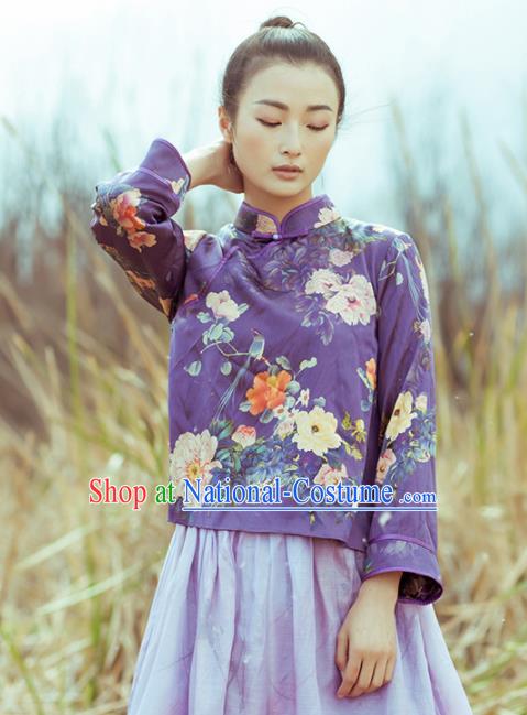 Chinese Traditional Costumes National Tang Suit Purple Blouse Qipao Upper Outer Garment for Women