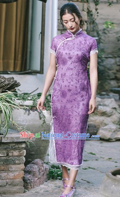 Chinese Traditional Costumes National Tang Suit Purple Qipao Dress Classical Cheongsam for Women