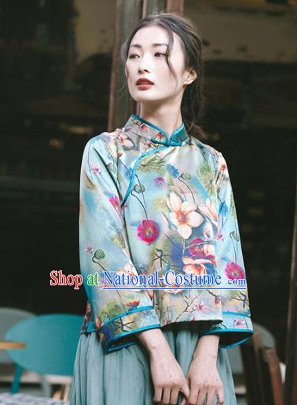 Chinese Traditional Costumes National Tang Suit Printing Green Silk Blouse Qipao Upper Outer Garment for Women