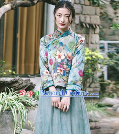 Chinese Traditional Costumes National Tang Suit Printing Green Silk Blouse Qipao Upper Outer Garment for Women