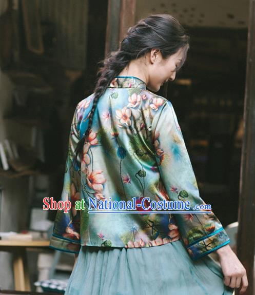 Chinese Traditional Costumes National Tang Suit Printing Green Silk Blouse Qipao Upper Outer Garment for Women