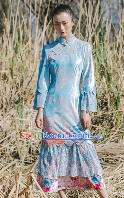 Chinese Traditional Costumes National Blue Velvet Qipao Dress Tang Suit Cheongsam for Women