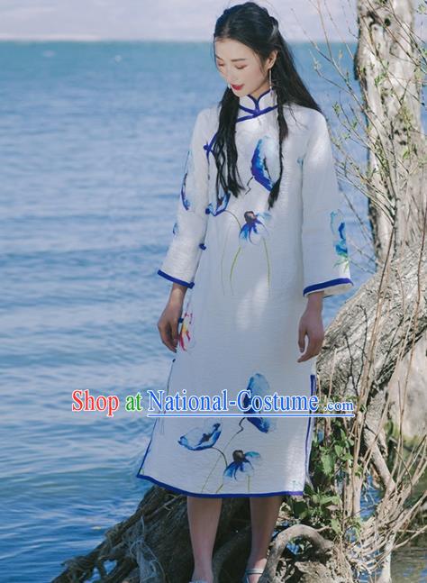 Chinese Traditional Costumes National White Qipao Dress Tang Suit Cheongsam for Women