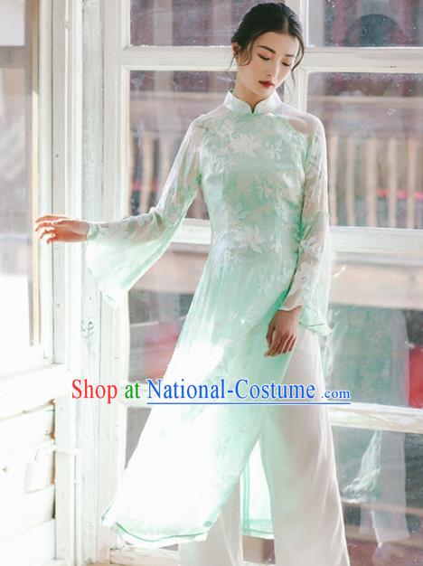 Chinese Traditional Costumes National Green Veil Qipao Dress Tang Suit Cheongsam for Women