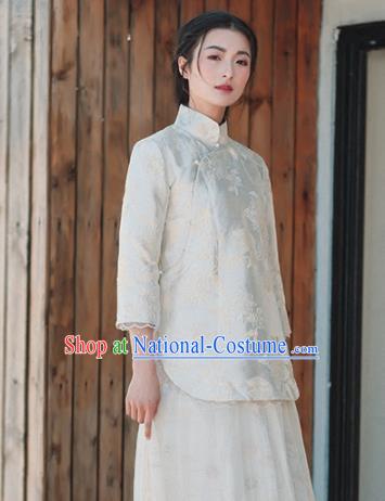 Chinese Traditional Costumes National White Silk Blouse Tang Suit Qipao Upper Outer Garment for Women