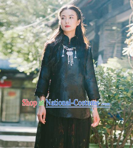 Chinese Traditional Costumes National Black Silk Blouse Tang Suit Qipao Upper Outer Garment for Women