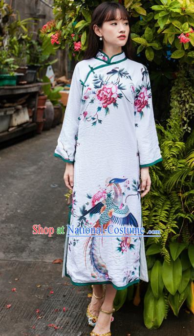 Chinese National Costumes Printing Phoenix Peony Qipao Dress Traditional Tang Suit Cheongsam for Women