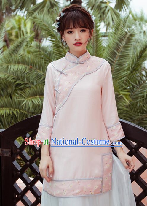 Chinese Traditional Costumes National Pink Qipao Blouse Tang Suit Upper Outer Garment for Women