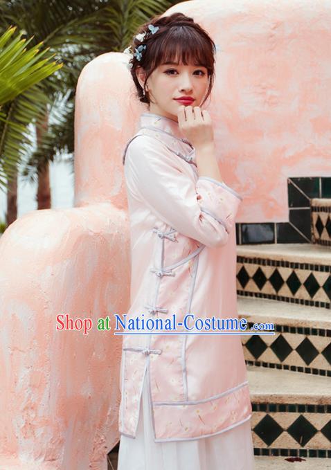 Chinese Traditional Costumes National Pink Qipao Blouse Tang Suit Upper Outer Garment for Women