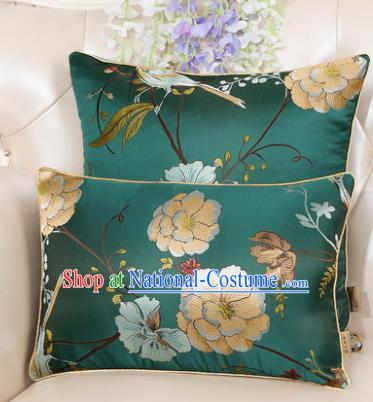 Chinese Classical Household Ornament Peony Pattern Green Brocade Back Cushion Traditional Handmade Waist Pillow