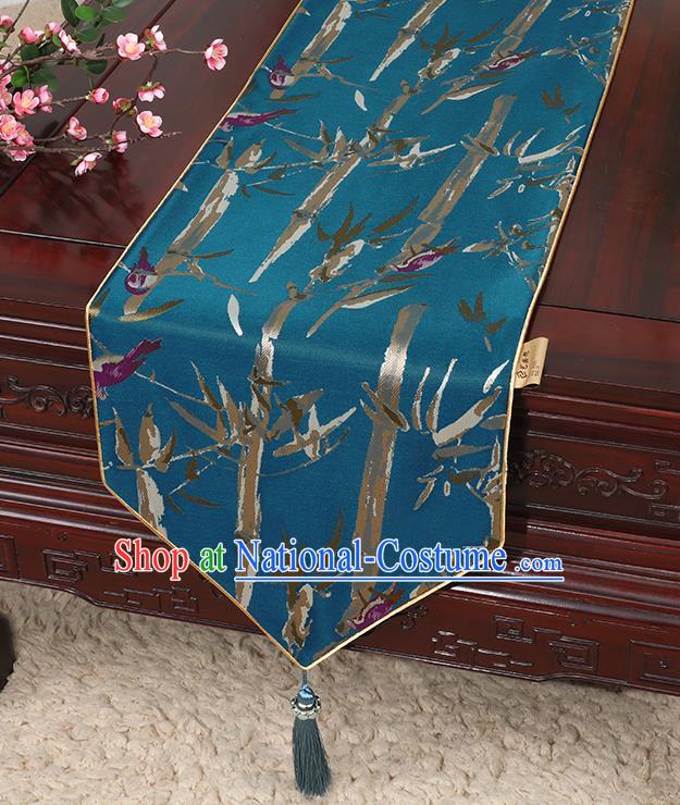 Chinese Classical Household Ornament Blue Brocade Table Flag Traditional Handmade Bamboo Pattern Table Cloth