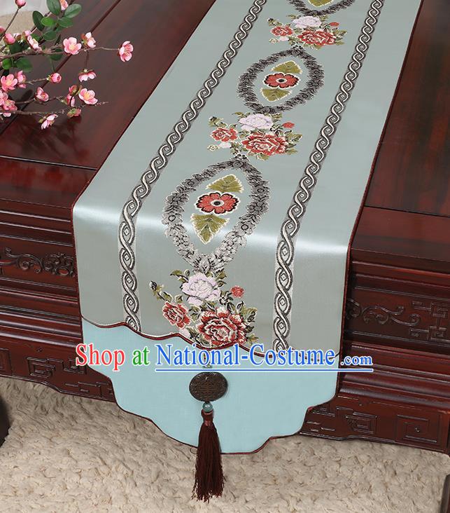 Chinese Classical Household Ornament Jade Pendant Tassel Pea Green Brocade Table Flag Traditional Handmade Table Cover Cloth