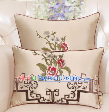 Chinese Classical Household Ornament Embroidered Peony Beige Brocade Back Cushion Traditional Handmade Waist Pillow