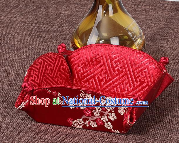 Chinese Traditional Household Accessories Classical Plum Blossom Pattern Red Brocade Storage Box Candy Tray