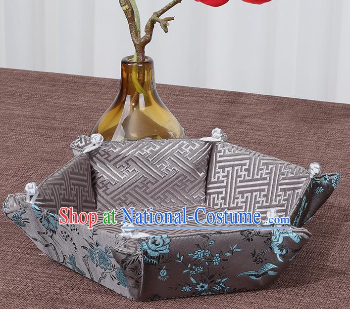 Chinese Traditional Household Accessories Classical Flowers Pattern Grey Brocade Storage Box Candy Tray