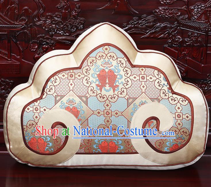 Chinese Traditional Arhat Bed Beige Brocade Back Cushion Cover Classical Household Ornament