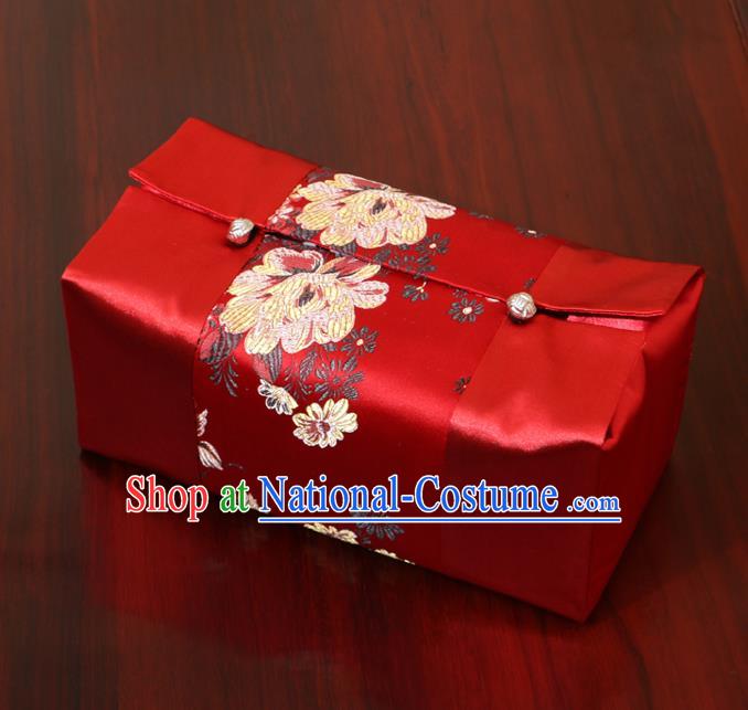 Chinese Traditional Household Accessories Classical Peony Pattern Red Brocade Paper Box Storage Box Cove