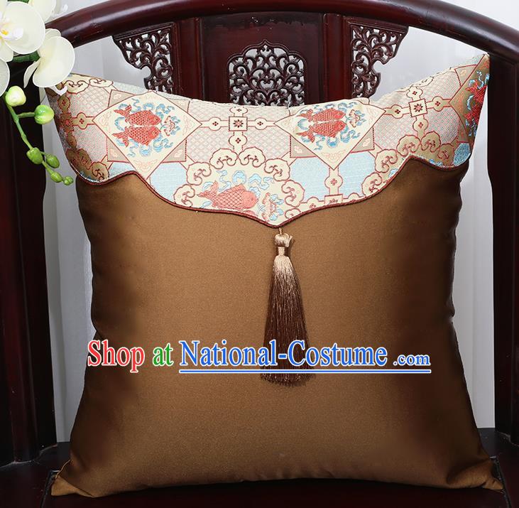 Chinese Traditional Brown Brocade Back Cushion Cover Classical Household Ornament