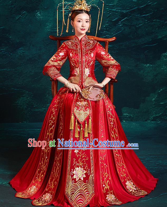 Chinese Traditional Wedding Costumes Embroidered Lotus Red Xiuhe Suits Ancient Bride Toast Full Dress for Women