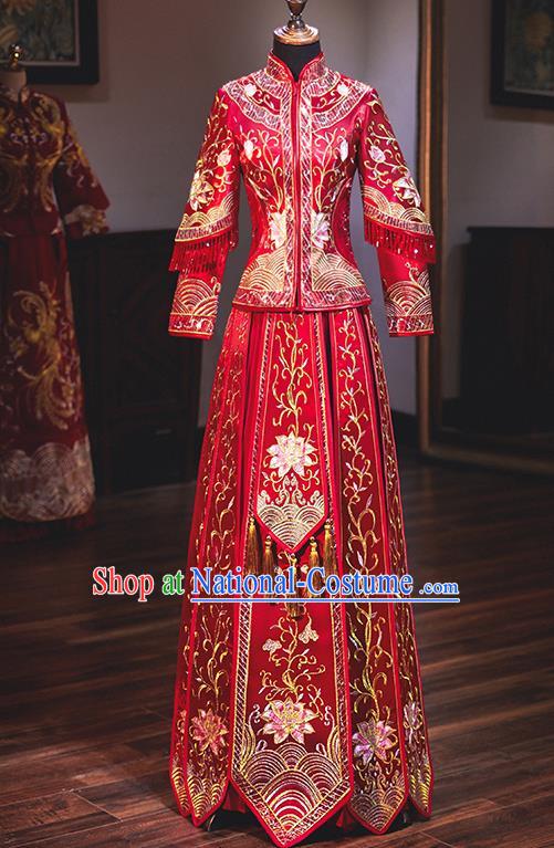 Chinese Traditional Wedding Costumes Embroidered Peony Red Xiuhe Suits Ancient Bride Toast Full Dress for Women