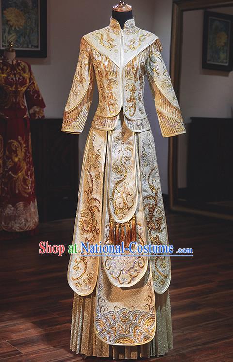 Chinese Traditional Wedding Costumes Embroidered Phoenix Golden Xiuhe Suits Ancient Bride Toast Full Dress for Women