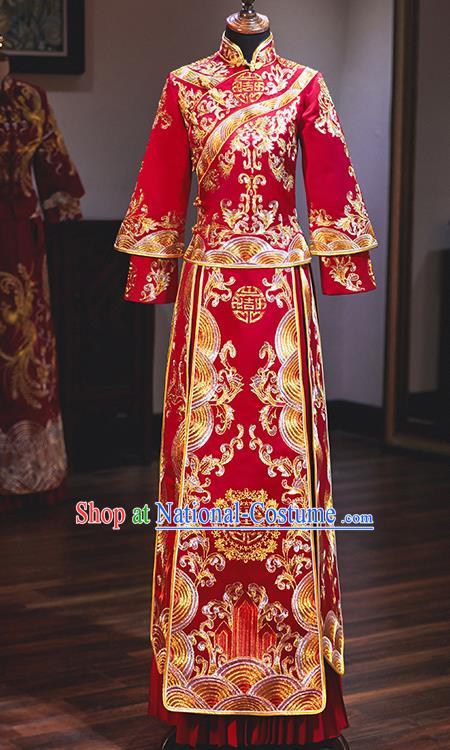 Chinese Traditional Embroidered Phoenix Red Xiuhe Suits Ancient Bride Toast Wedding Costumes for Women