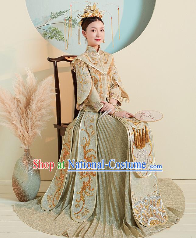 Chinese Traditional Embroidered Green Xiuhe Suits Ancient Bride Toast Wedding Costumes for Women