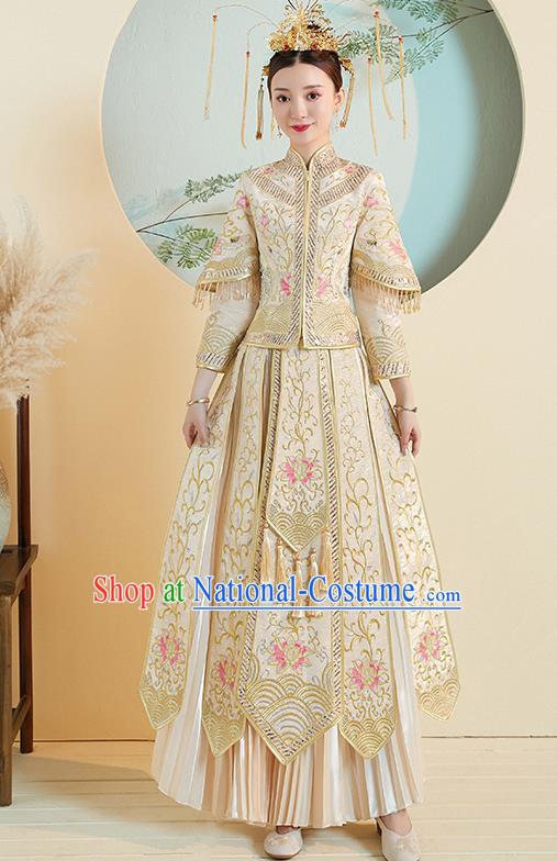 Chinese Traditional Embroidered Peony Golden Xiuhe Suits Ancient Bride Toast Wedding Costumes for Women