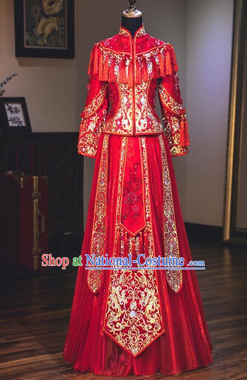 Chinese Traditional Embroidered Red Xiuhe Suits Ancient Bride Toast Wedding Costumes for Women