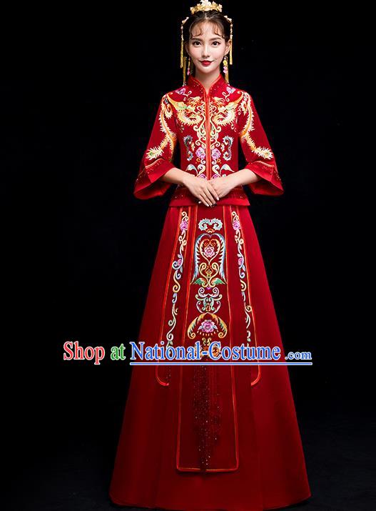 Chinese Traditional Bride Toast Embroidered Red Xiuhe Suits Ancient Wedding Costumes for Women