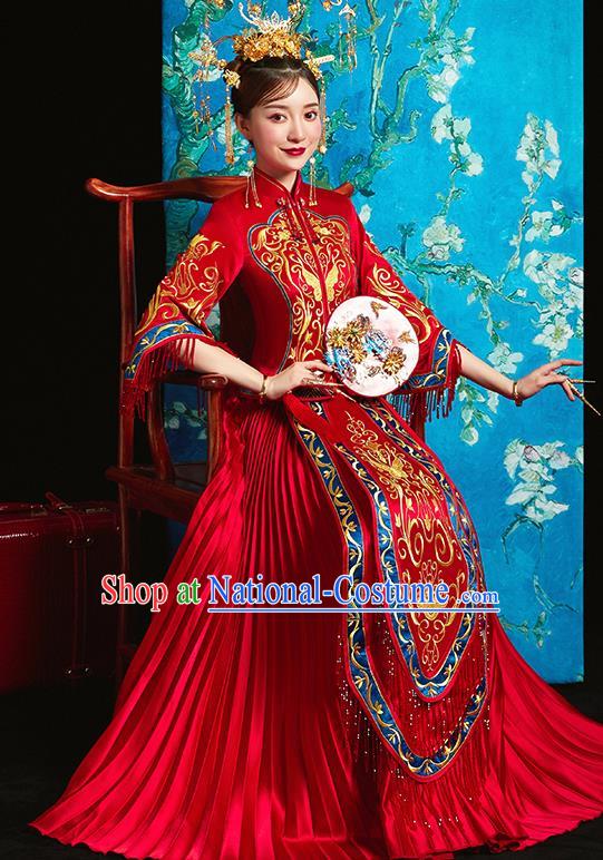 Chinese Traditional Bride Toast Embroidered Butterfly Red Xiuhe Suits Ancient Wedding Costumes for Women