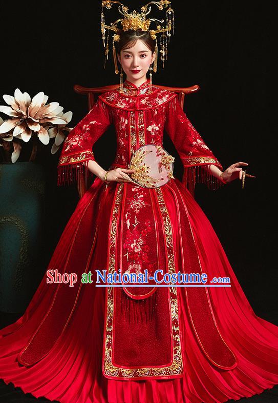 Chinese Traditional Bride Toast Embroidered Peony Red Xiuhe Suits Ancient Wedding Costumes for Women