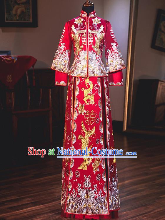 Chinese Traditional Bride Xiuhe Suits Ancient Handmade Embroidered Red Wedding Costumes for Women