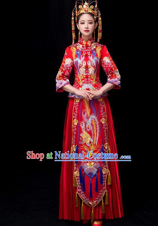 Chinese Traditional Bride Xiuhe Suits Ancient Handmade Embroidered Phoenix Red Wedding Costumes for Women