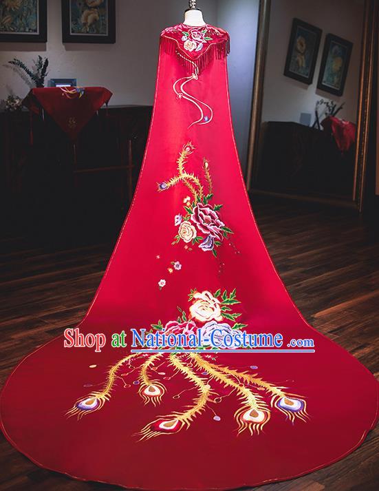 Chinese Traditional Bride Cloak Ancient Handmade Embroidered Phoenix Red Wedding Costumes for Women