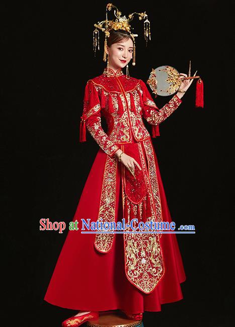 Chinese Traditional Bride Toast Embroidered Diamante Red Xiuhe Suits Ancient Wedding Costumes for Women